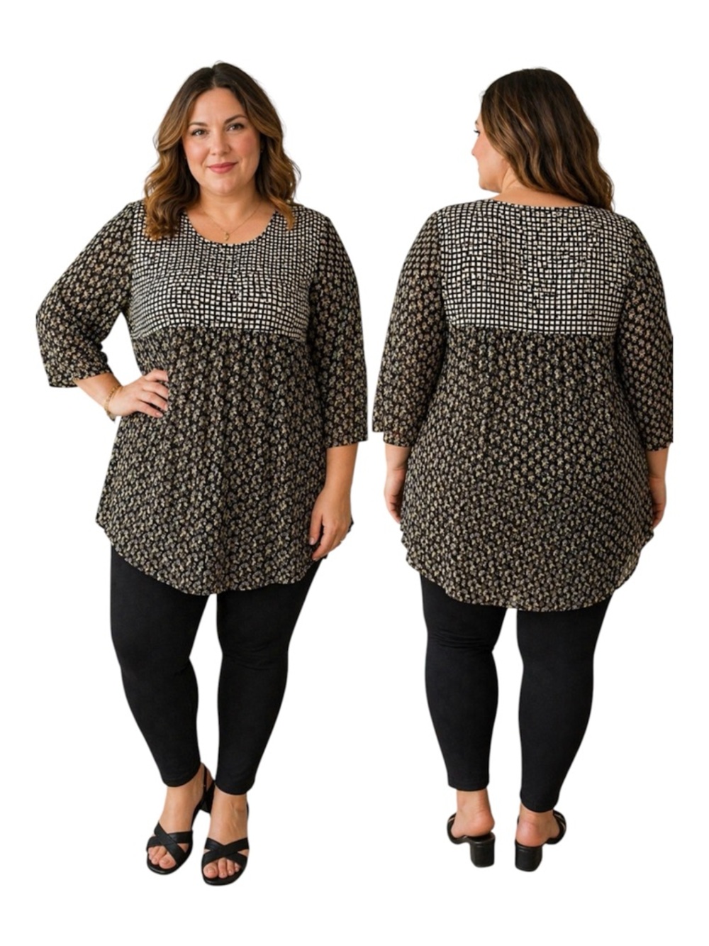 Ulla Popken Women's Black Cream Sheer Geometric Print Tunic Blouse 20/22 EUC